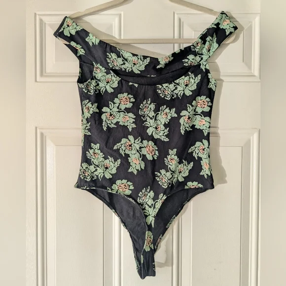 Intimately Free People So Much Floral Black Teal Off Shoulder Bodysuit - Picture 12 of 12